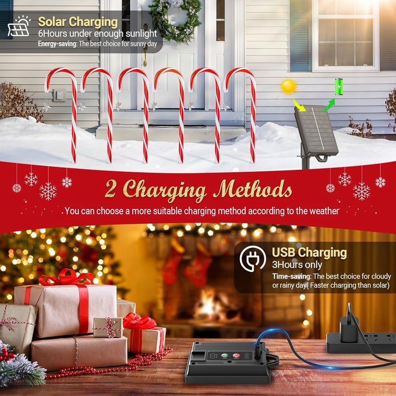 BUCASA 24 Pack Christmas Decorations Outdoor Solar Candy Cane Lights, Solar Christmas Pathway Lights with USB Charge, 10 Modes 144 LEDs Waterproof Outdoor Christmas Decorations for Yard Garden Pathway - Image 3
